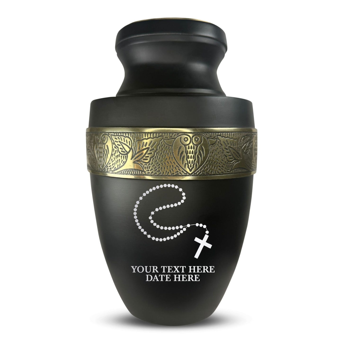 Personalized Adult Cremation Urn with Custom Engraved Name, Date and Rosary Illustration Design Metal Aluminum Vessel for Ashes and Remains | Elite Collection with Gold Inlay | 200 Cubic Inch