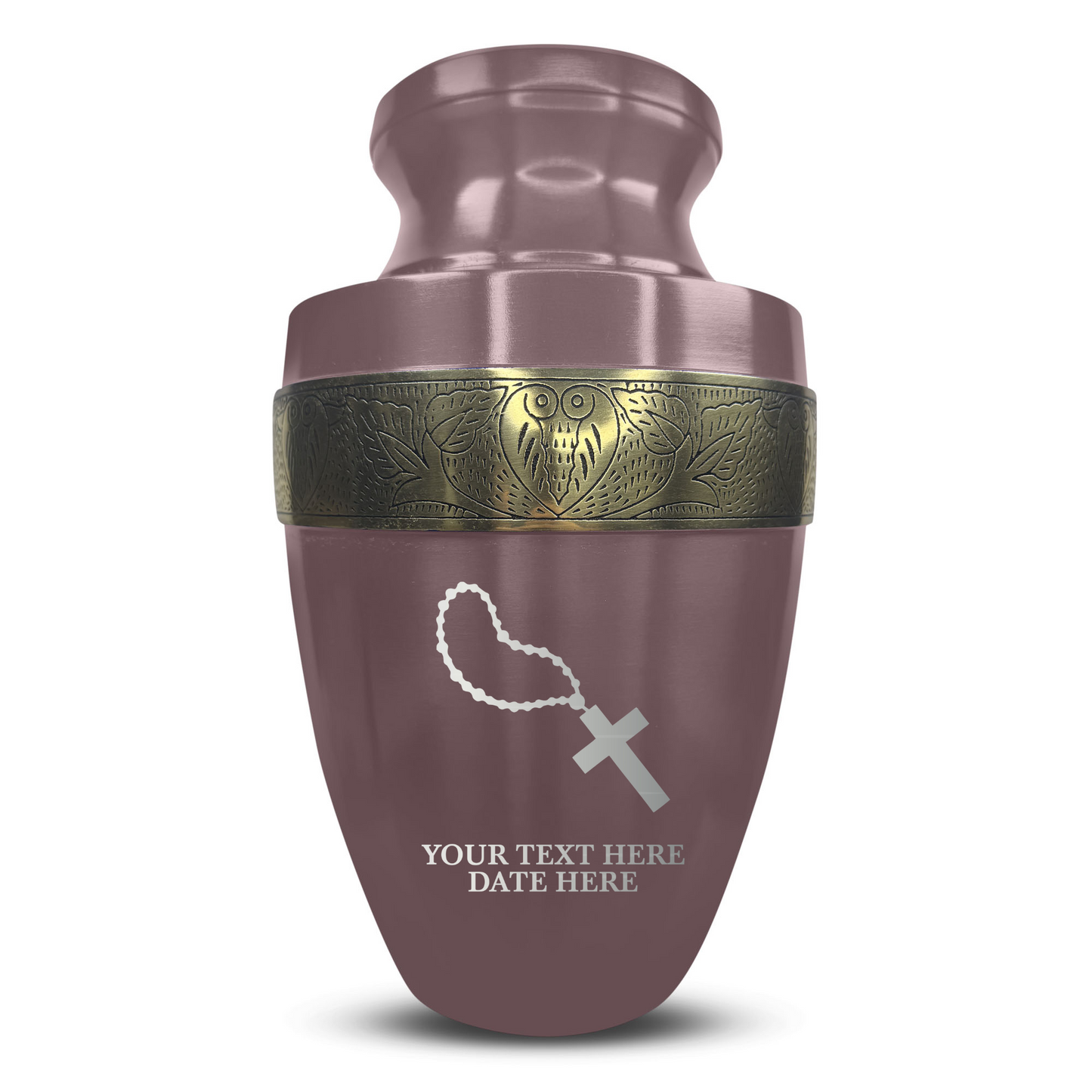 Personalized Adult Cremation Urn with Custom Engraved Name, Date and Rosary Illustration Design Metal Aluminum Vessel for Ashes and Remains | Elite Collection with Gold Inlay | 200 Cubic Inch