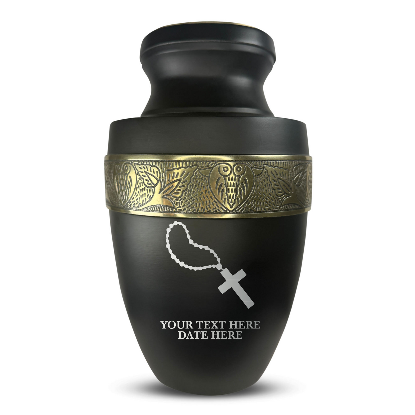 Personalized Adult Cremation Urn with Custom Engraved Name, Date and Rosary Illustration Design Metal Aluminum Vessel for Ashes and Remains | Elite Collection with Gold Inlay | 200 Cubic Inch