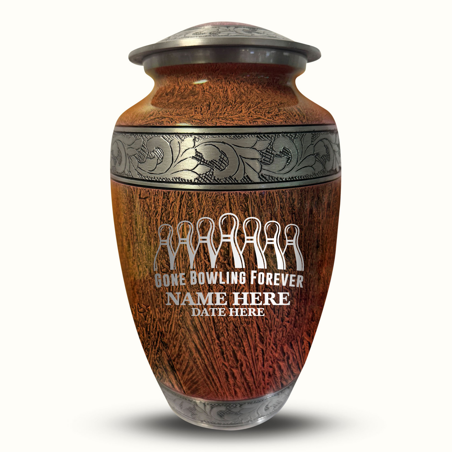 Custom Large Cremation Urn for Human Ashes - Elevate Collection - Funny Bowling Design - Distressed Finish - 200 Cubic Inch