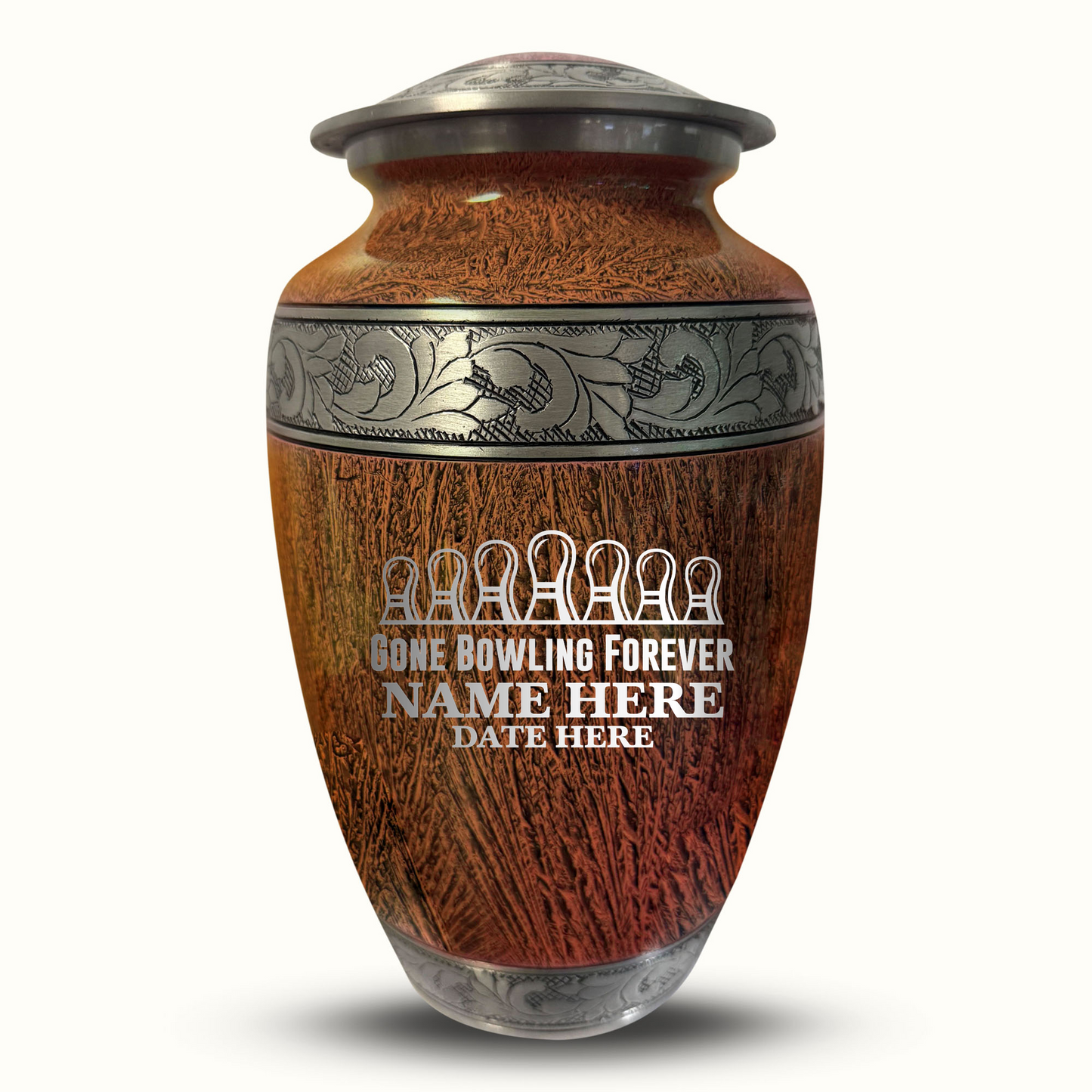 Custom Large Cremation Urn for Human Ashes - Elevate Collection - Funny Bowling Design - Distressed Finish - 200 Cubic Inch