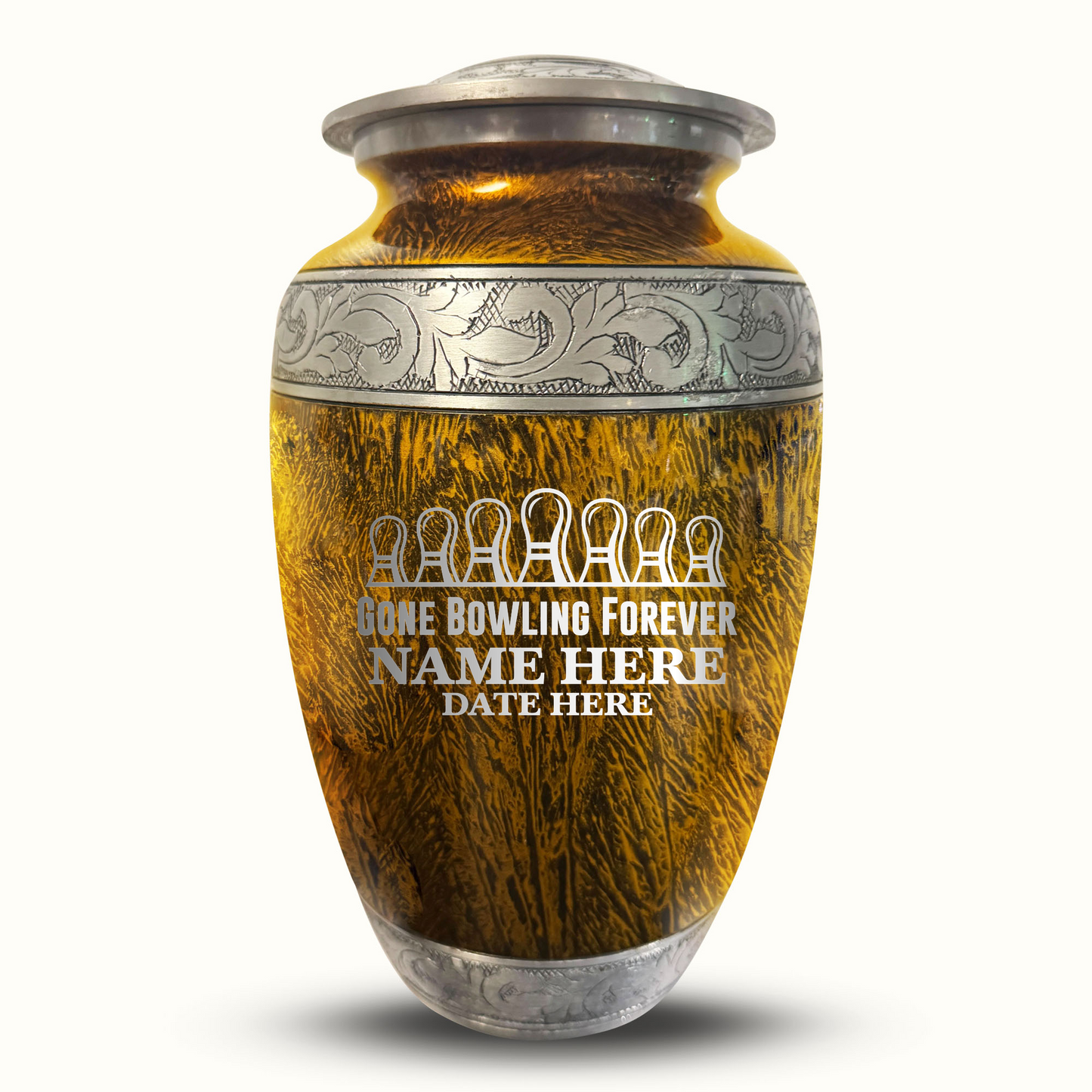 Custom Large Cremation Urn for Human Ashes - Elevate Collection - Funny Bowling Design - Distressed Finish - 200 Cubic Inch