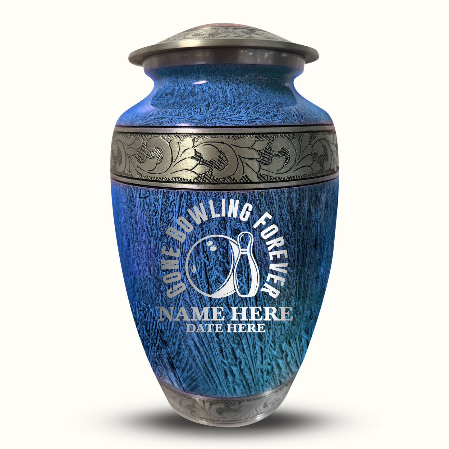 Custom Large Cremation Urn for Human Ashes - Elevate Collection - Funny Bowling Design - Distressed Finish - 200 Cubic Inch