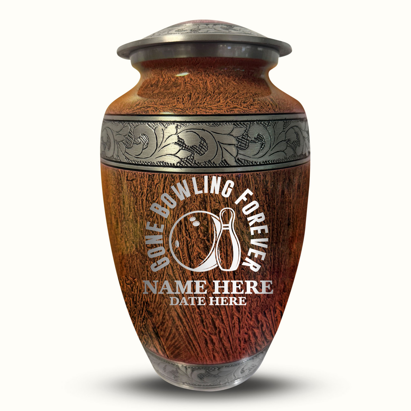 Custom Large Cremation Urn for Human Ashes - Elevate Collection - Funny Bowling Design - Distressed Finish - 200 Cubic Inch