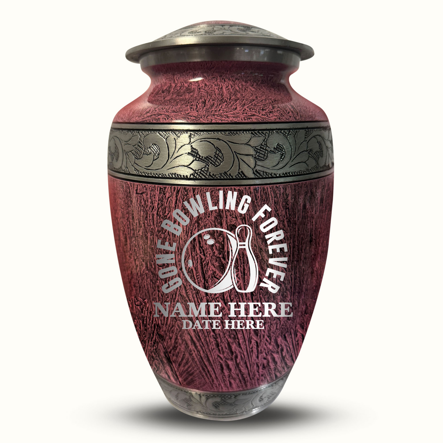 Custom Large Cremation Urn for Human Ashes - Elevate Collection - Funny Bowling Design - Distressed Finish - 200 Cubic Inch