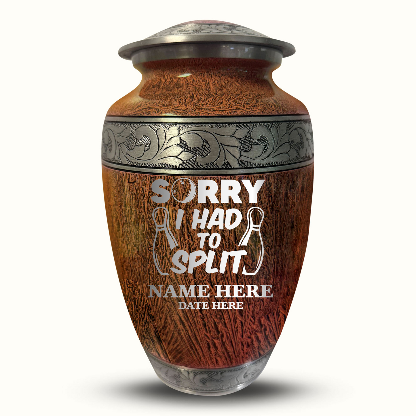 Custom Large Cremation Urn for Human Ashes - Elevate Collection - Funny Bowling Design - Distressed Finish - 200 Cubic Inch