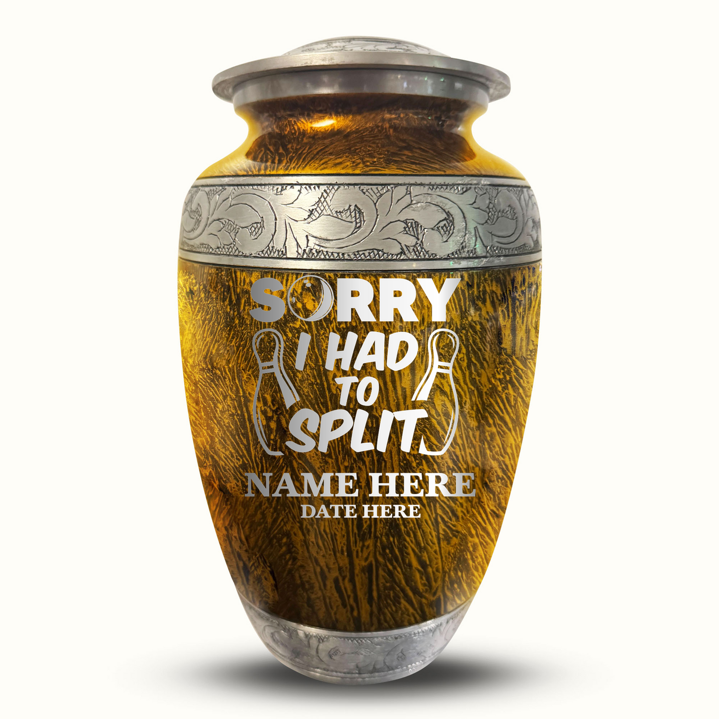 Custom Large Cremation Urn for Human Ashes - Elevate Collection - Funny Bowling Design - Distressed Finish - 200 Cubic Inch
