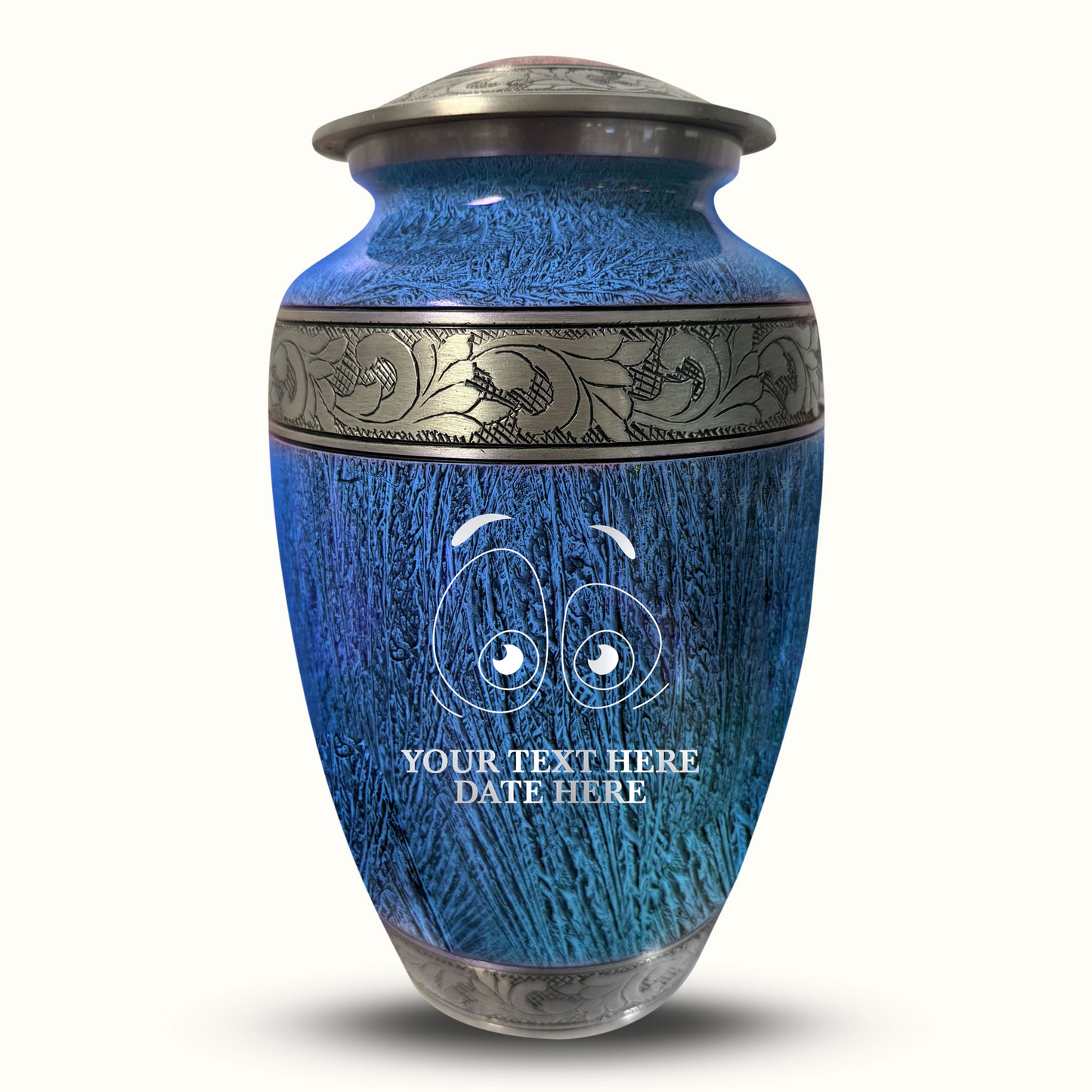 Custom Large Cremation Urn for Human Ashes - Elevate Collection - Funny Eyes Design - Distressed Finish - 200 Cubic Inch