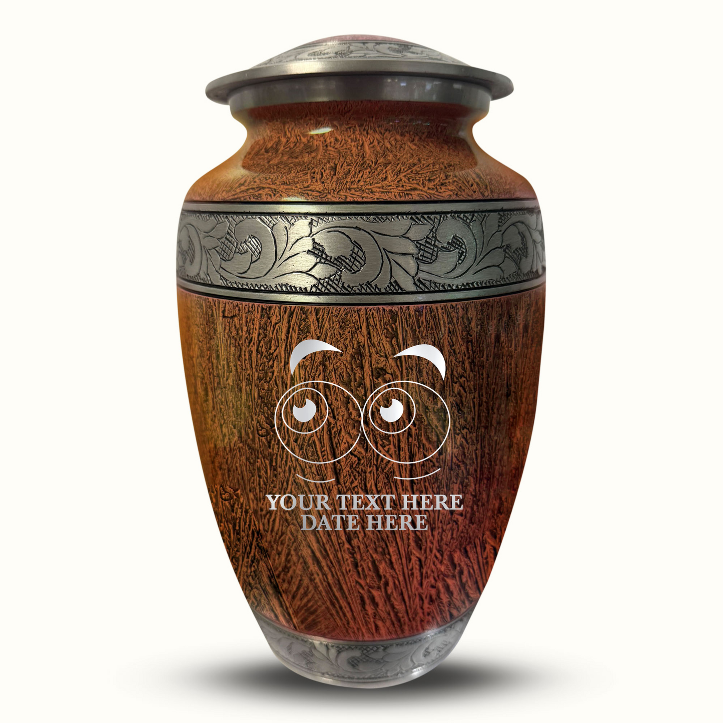 Custom Large Cremation Urn for Human Ashes - Elevate Collection - Funny Eyes Design - Distressed Finish - 200 Cubic Inch