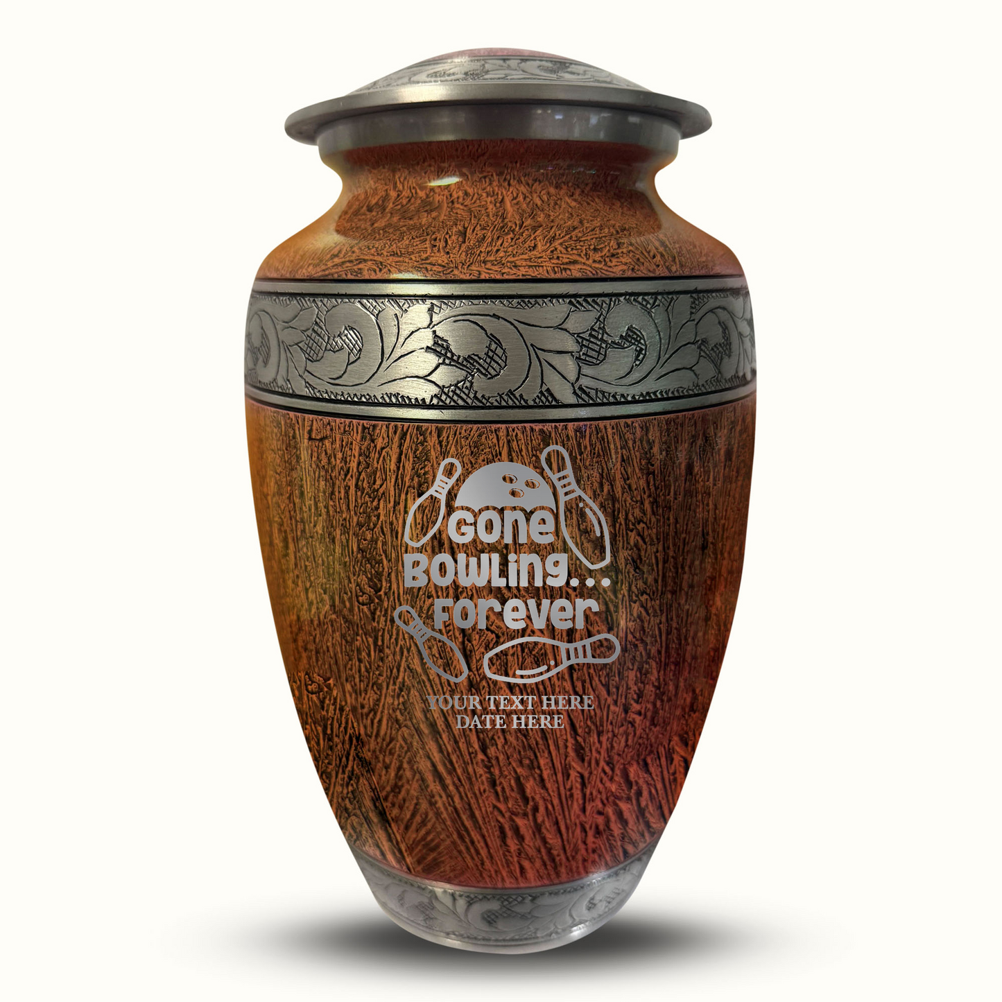Custom Large Cremation Urn for Human Ashes - Elevate Collection - Funny Bowling Design - Distressed Finish - 200 Cubic Inch