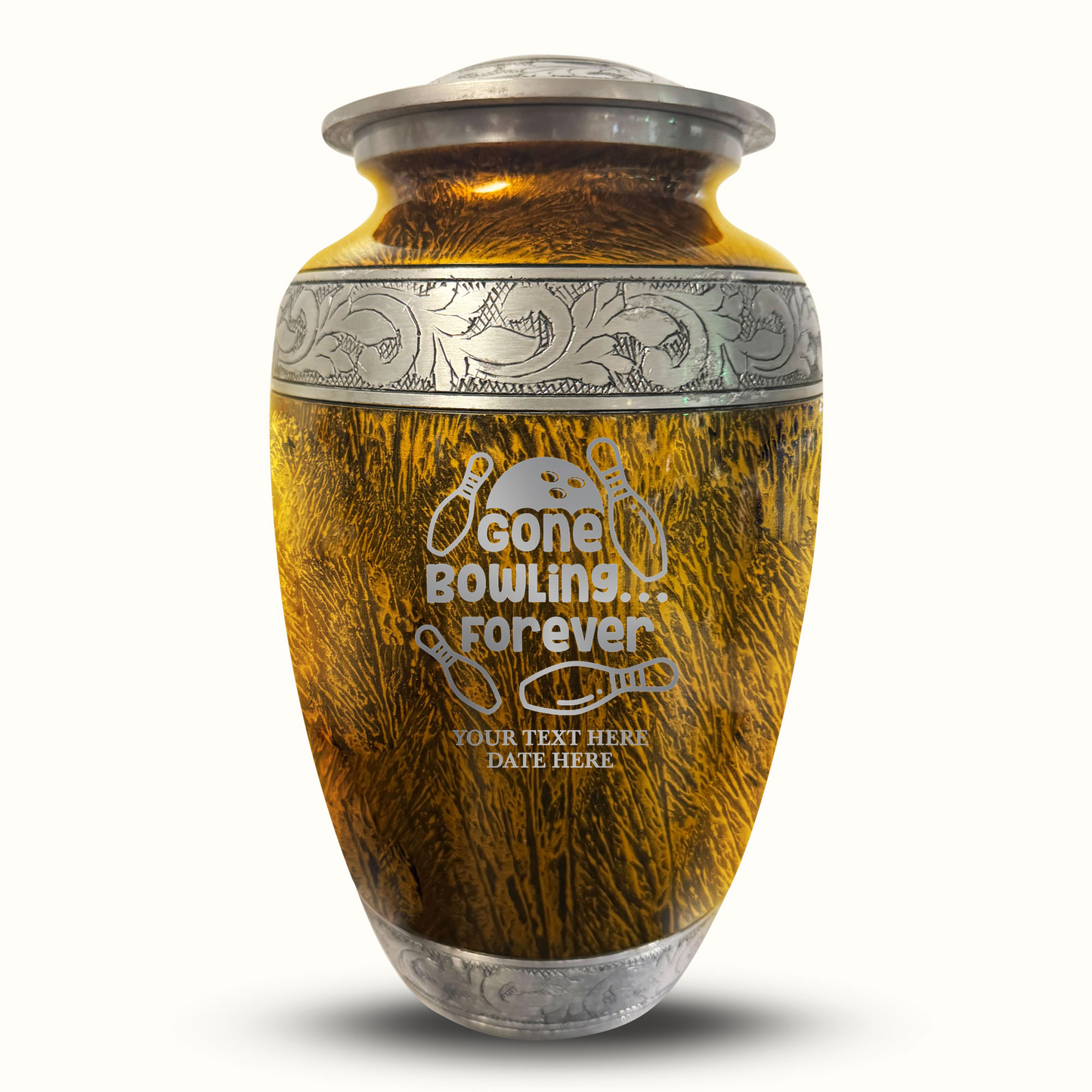 Custom Large Cremation Urn for Human Ashes - Elevate Collection - Funny Bowling Design - Distressed Finish - 200 Cubic Inch