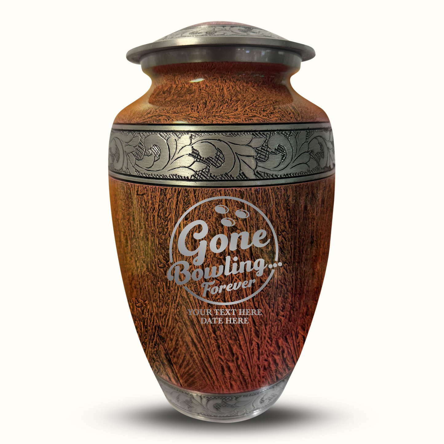 Custom Large Cremation Urn for Human Ashes - Elevate Collection - Funny Bowling Design - Distressed Finish - 200 Cubic Inch