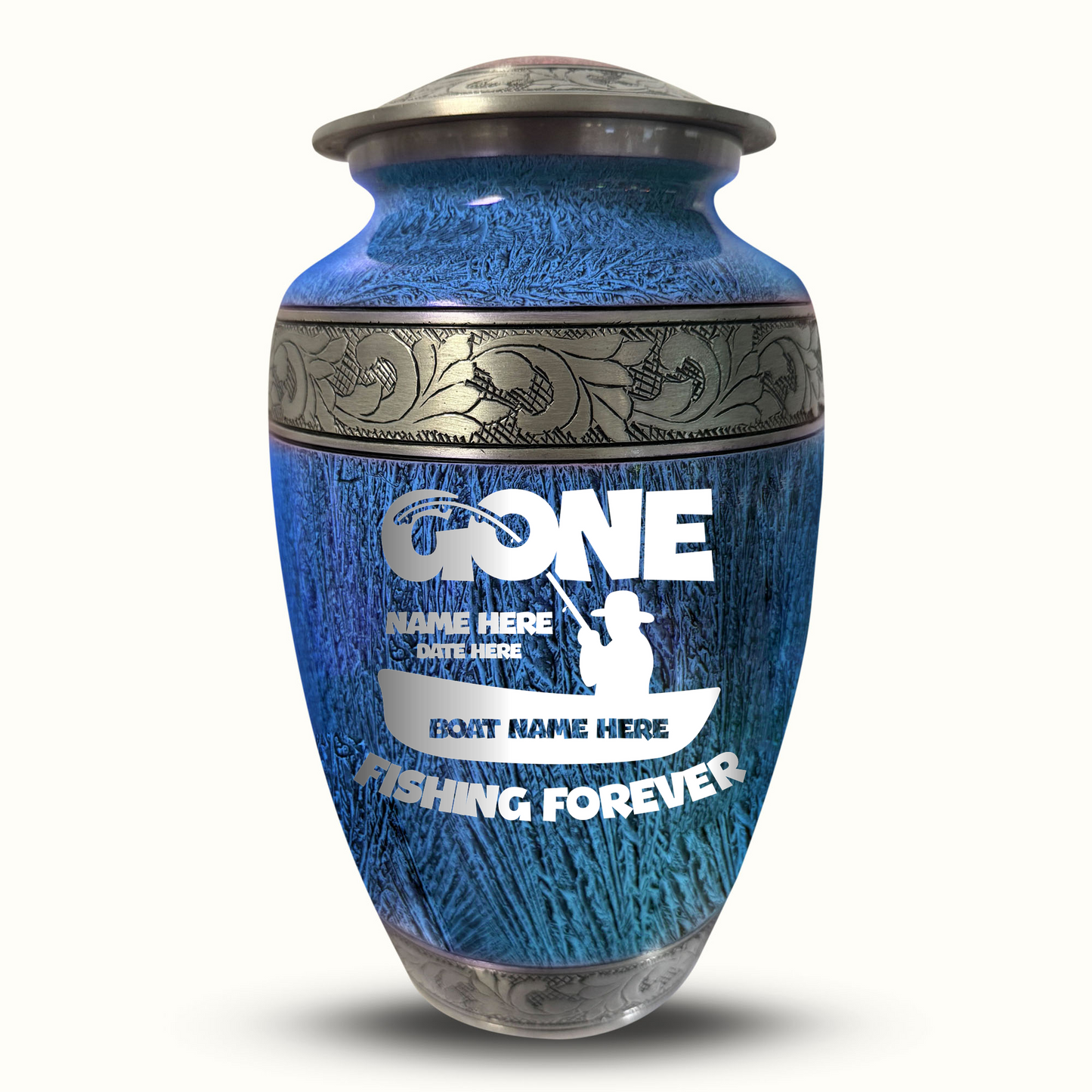 Custom Large Cremation Urn for Human Ashes - Elevate Collection - Funny Fishing Design - Distressed Finish - 200 Cubic Inch
