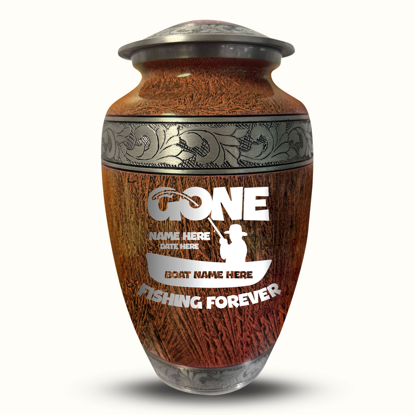 Custom Large Cremation Urn for Human Ashes - Elevate Collection - Funny Fishing Design - Distressed Finish - 200 Cubic Inch
