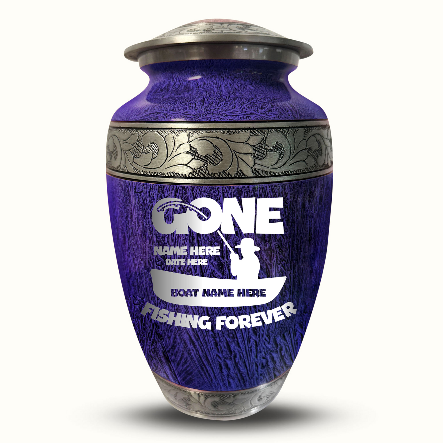 Custom Large Cremation Urn for Human Ashes - Elevate Collection - Funny Fishing Design - Distressed Finish - 200 Cubic Inch