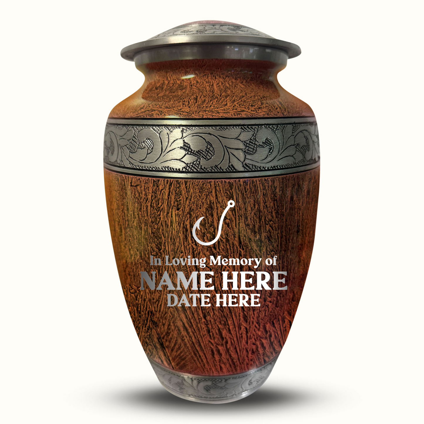 Custom Large Cremation Urn for Human Ashes - Elevate Collection - Funny Fishing Design - Distressed Finish - 200 Cubic Inch