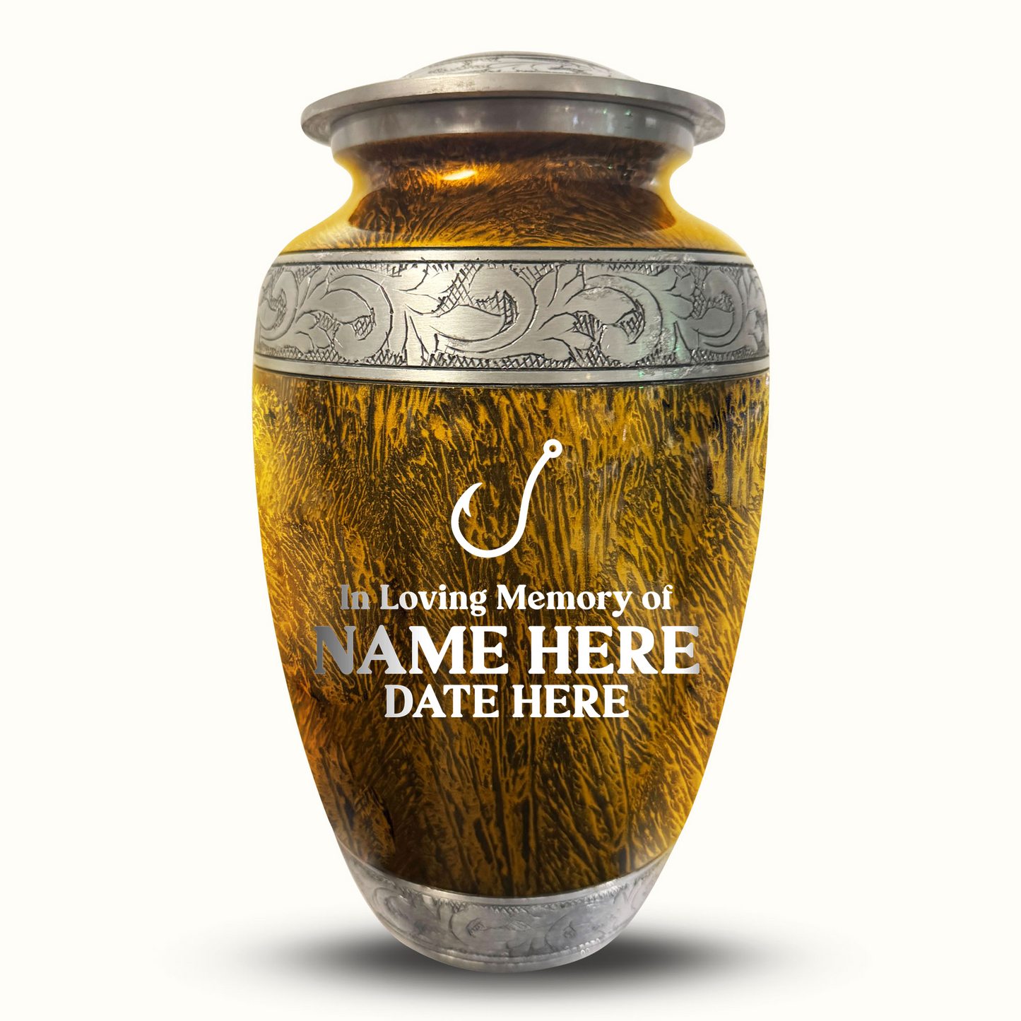 Custom Large Cremation Urn for Human Ashes - Elevate Collection - Funny Fishing Design - Distressed Finish - 200 Cubic Inch