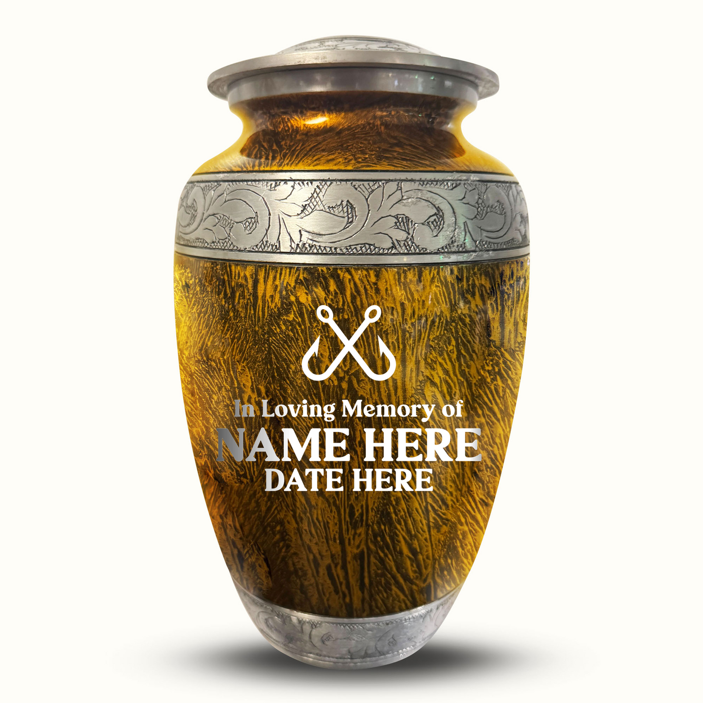 Custom Large Cremation Urn for Human Ashes - Elevate Collection - Funny Fishing Design - Distressed Finish - 200 Cubic Inch