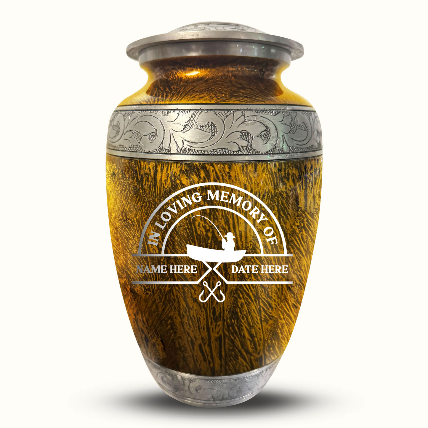 Custom Large Cremation Urn for Human Ashes - Elevate Collection - Funny Fishing Design - Distressed Finish - 200 Cubic Inch