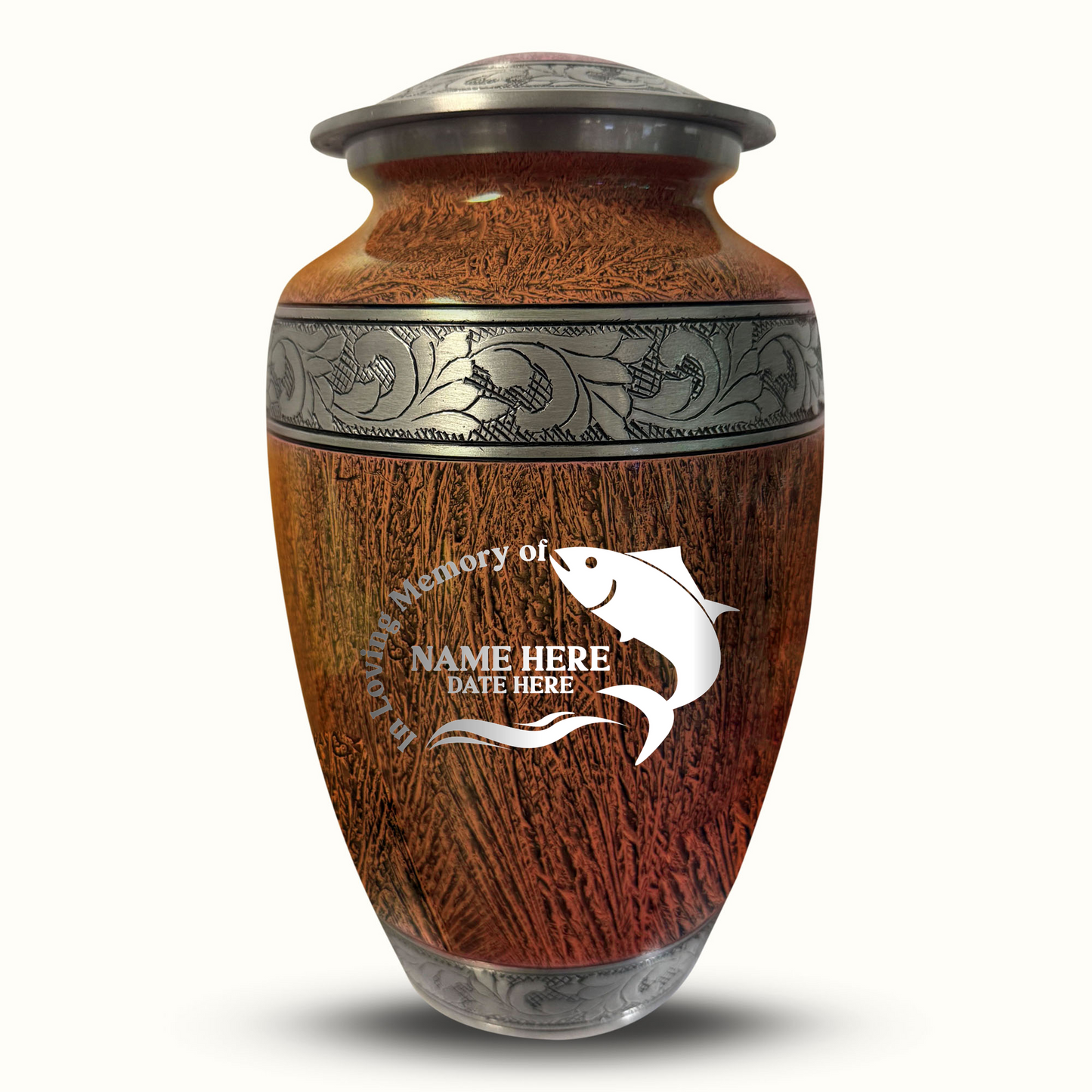 Custom Large Cremation Urn for Human Ashes - Elevate Collection - Funny Fishing Design - Distressed Finish - 200 Cubic Inch