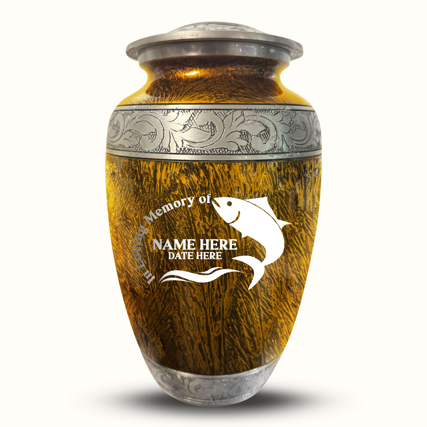 Custom Large Cremation Urn for Human Ashes - Elevate Collection - Funny Fishing Design - Distressed Finish - 200 Cubic Inch
