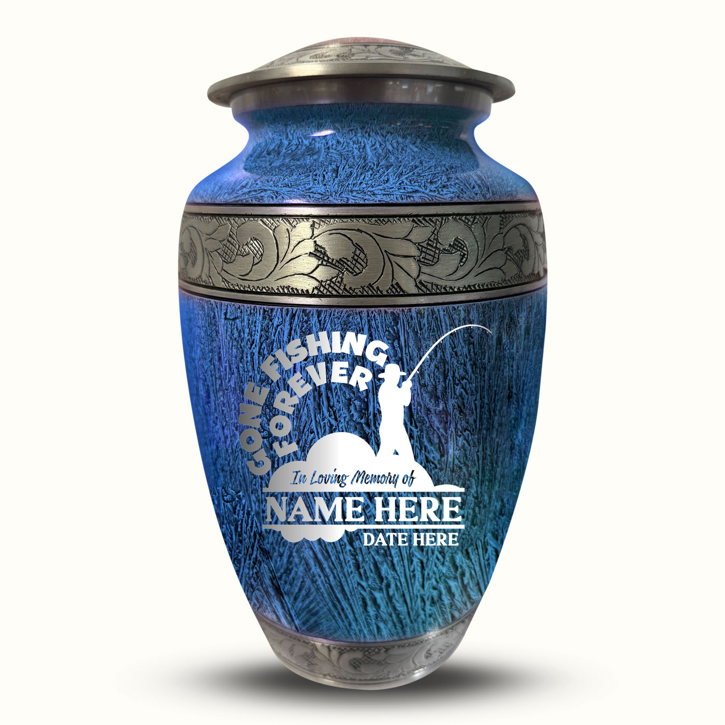 Custom Large Cremation Urn for Human Ashes - Elevate Collection - Funny Fishing Design - Distressed Finish - 200 Cubic Inch