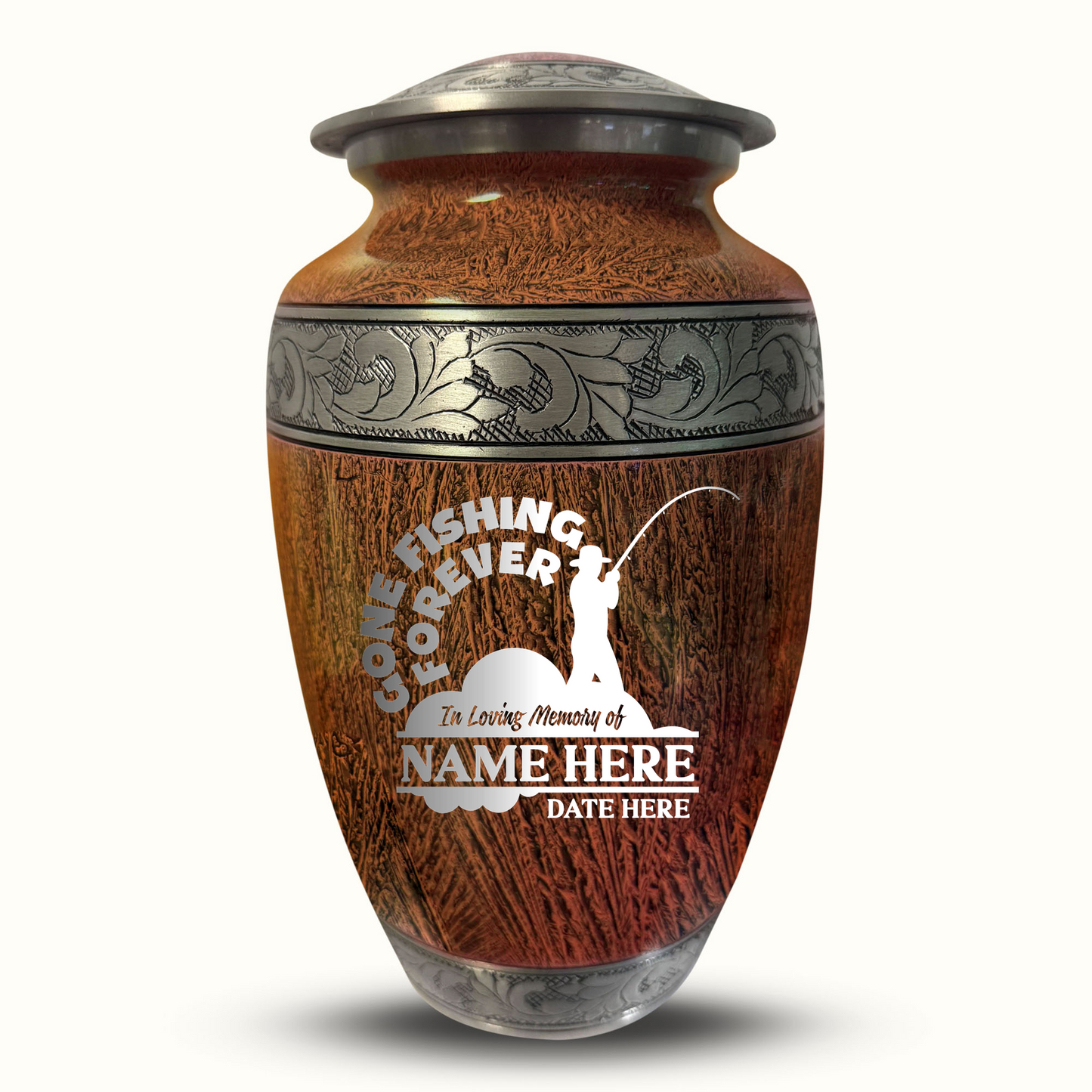 Custom Large Cremation Urn for Human Ashes - Elevate Collection - Funny Fishing Design - Distressed Finish - 200 Cubic Inch