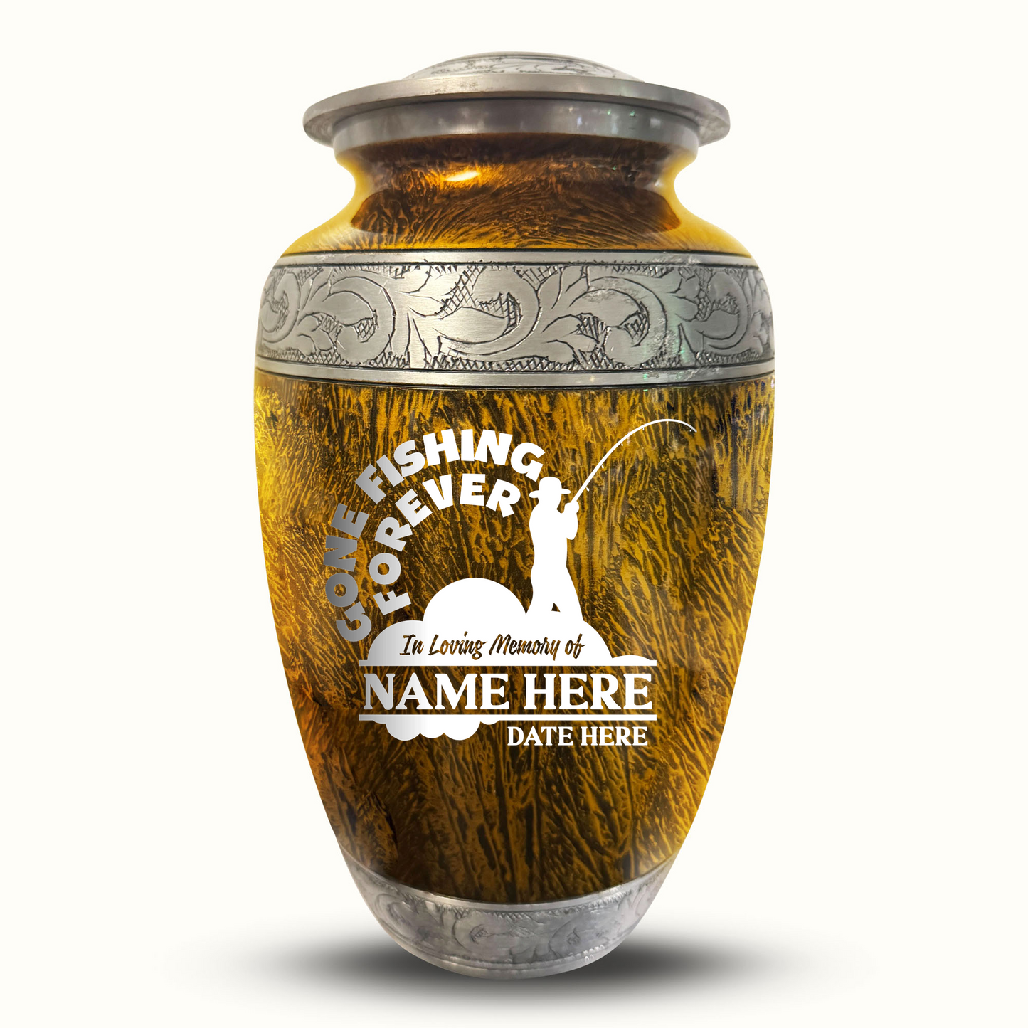 Custom Large Cremation Urn for Human Ashes - Elevate Collection - Funny Fishing Design - Distressed Finish - 200 Cubic Inch