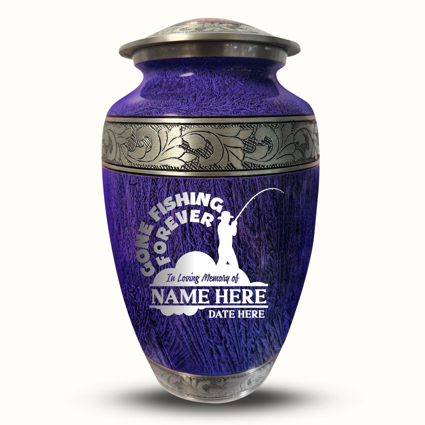 Custom Large Cremation Urn for Human Ashes - Elevate Collection - Funny Fishing Design - Distressed Finish - 200 Cubic Inch
