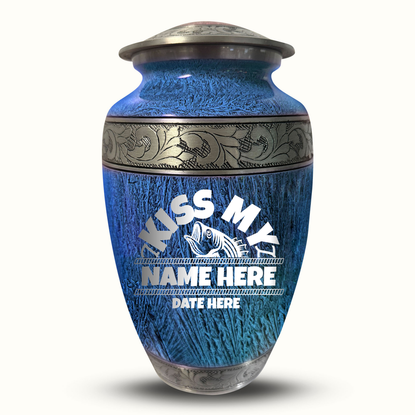 Custom Large Cremation Urn for Human Ashes - Elevate Collection - Funny Fishing Design - Distressed Finish - 200 Cubic Inch
