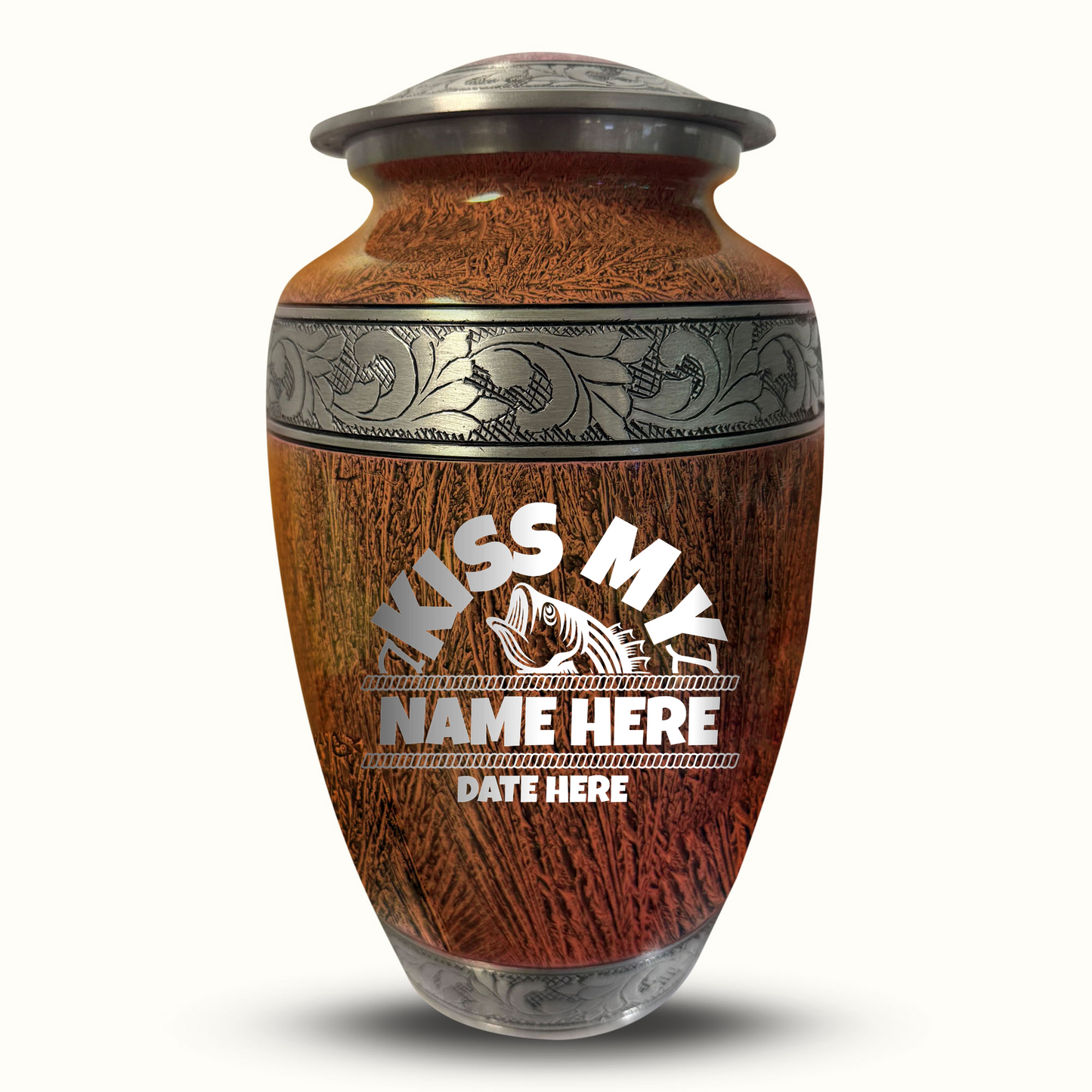 Custom Large Cremation Urn for Human Ashes - Elevate Collection - Funny Fishing Design - Distressed Finish - 200 Cubic Inch