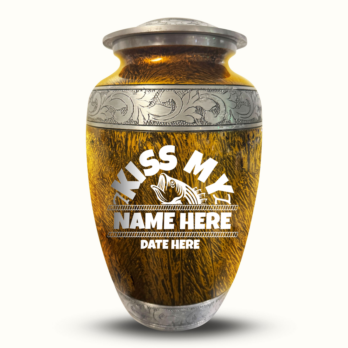 Custom Large Cremation Urn for Human Ashes - Elevate Collection - Funny Fishing Design - Distressed Finish - 200 Cubic Inch
