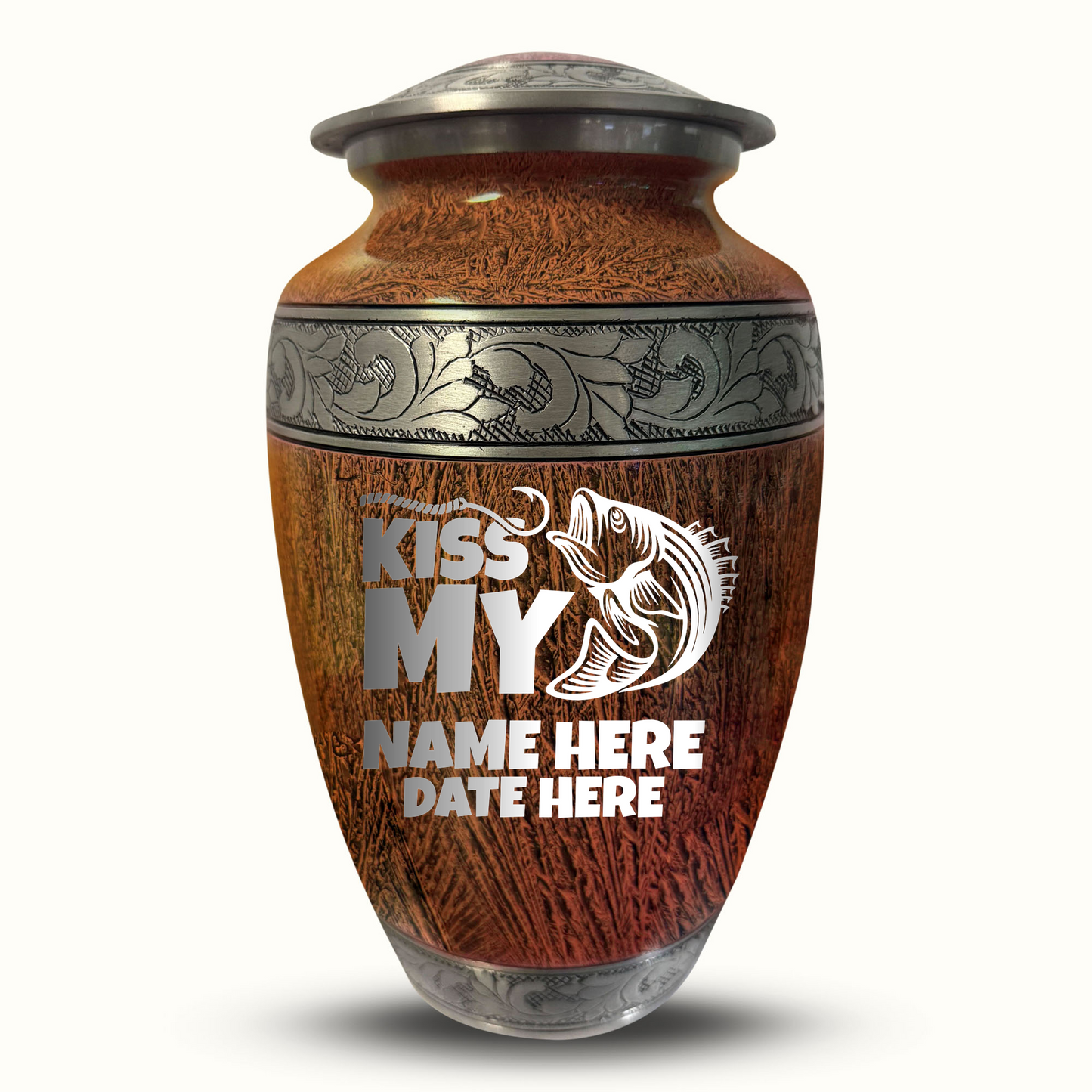 Custom Large Cremation Urn for Human Ashes - Elevate Collection - Funny Fishing Design - Distressed Finish - 200 Cubic Inch