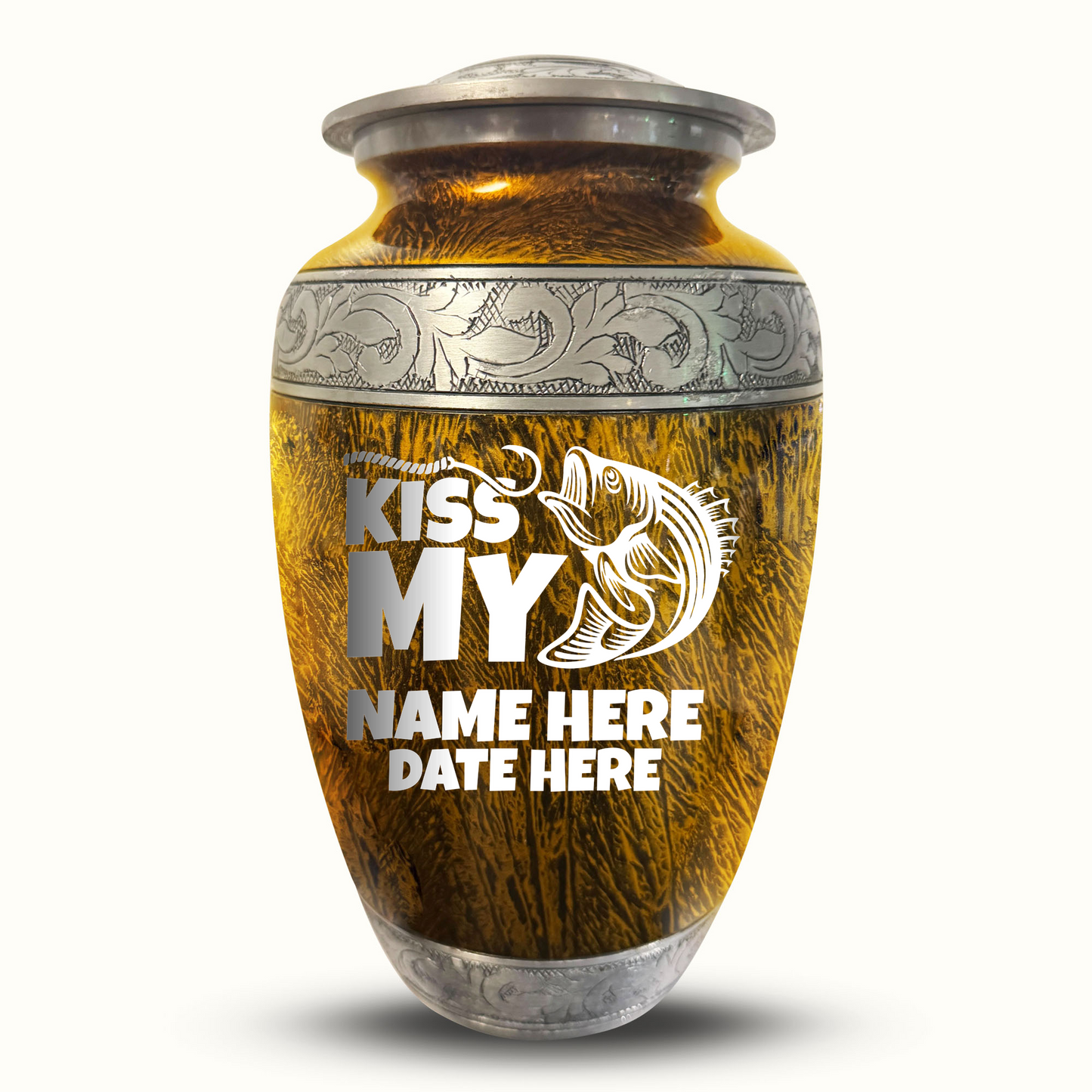 Custom Large Cremation Urn for Human Ashes - Elevate Collection - Funny Fishing Design - Distressed Finish - 200 Cubic Inch