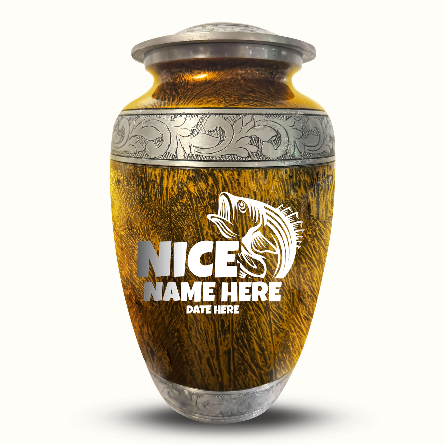 Custom Large Cremation Urn for Human Ashes - Elevate Collection - Funny Fishing Design - Distressed Finish - 200 Cubic Inch