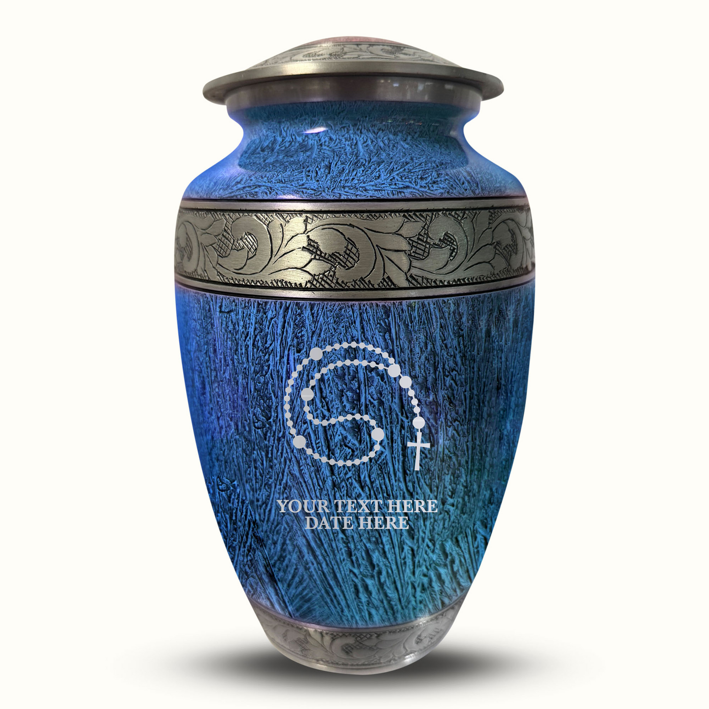 Custom Large Cremation Urn for Human Ashes - Elevate Collection - Rosary Design - Distressed Finish - 200 Cubic Inch