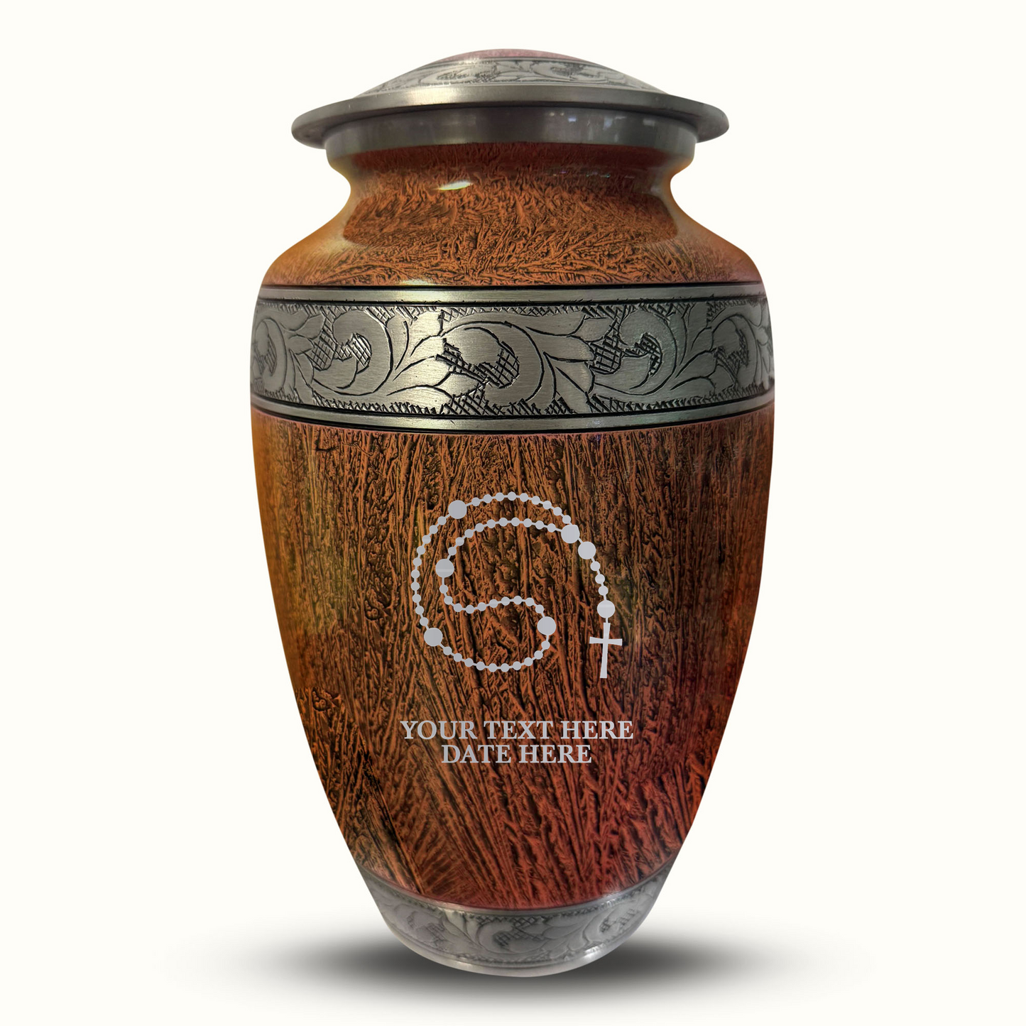 Custom Large Cremation Urn for Human Ashes - Elevate Collection - Rosary Design - Distressed Finish - 200 Cubic Inch