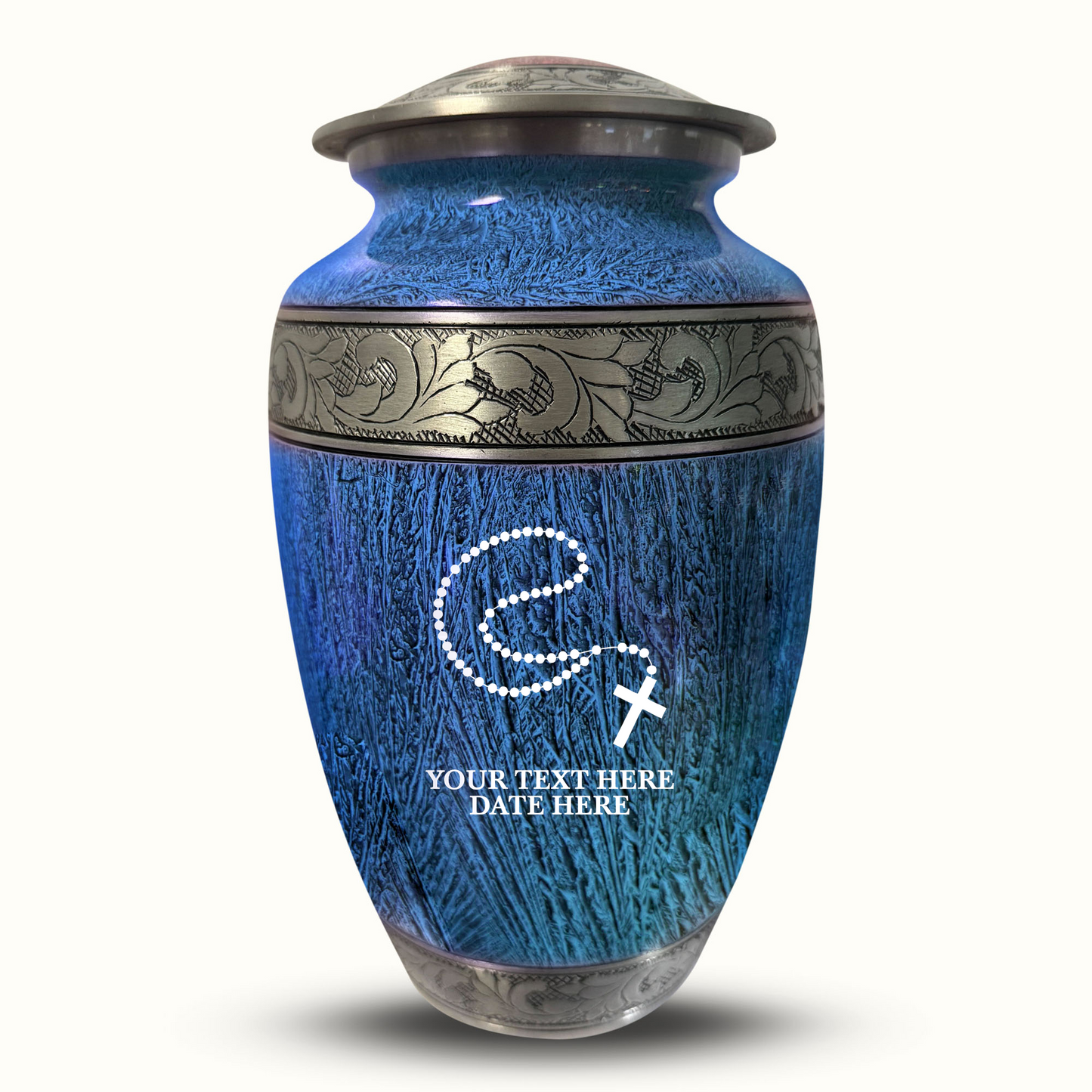 Custom Large Cremation Urn for Human Ashes - Elevate Collection - Rosary Design - Distressed Finish - 200 Cubic Inch