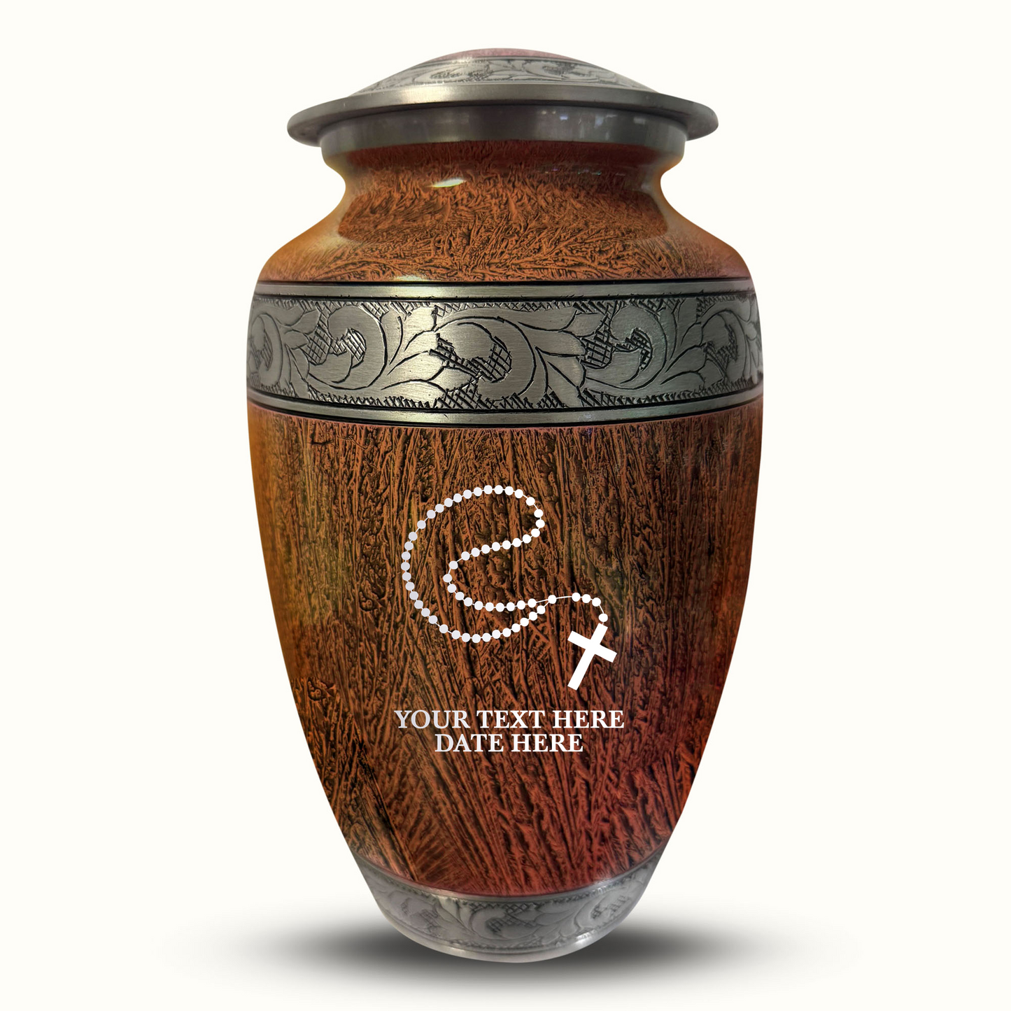 Custom Large Cremation Urn for Human Ashes - Elevate Collection - Rosary Design - Distressed Finish - 200 Cubic Inch