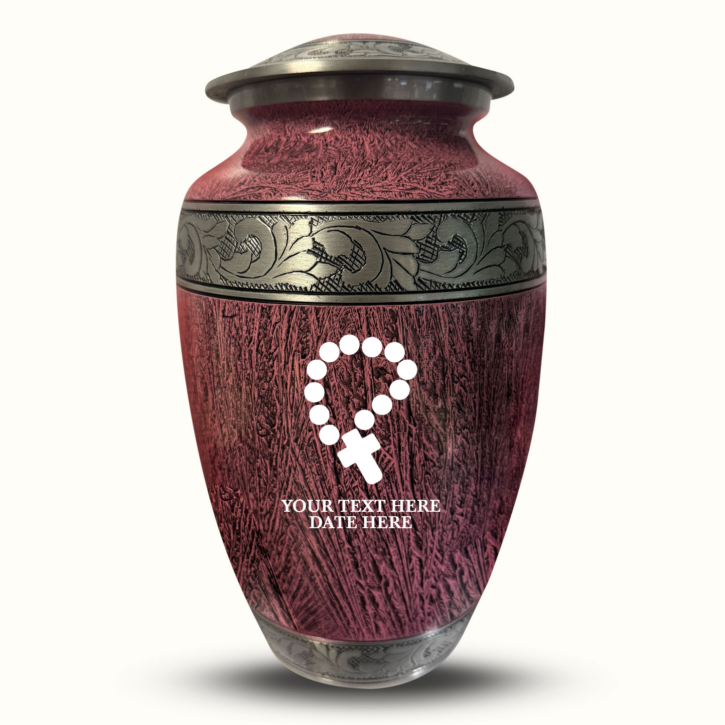 Custom Large Cremation Urn for Human Ashes - Elevate Collection - Rosary Design - Distressed Finish - 200 Cubic Inch