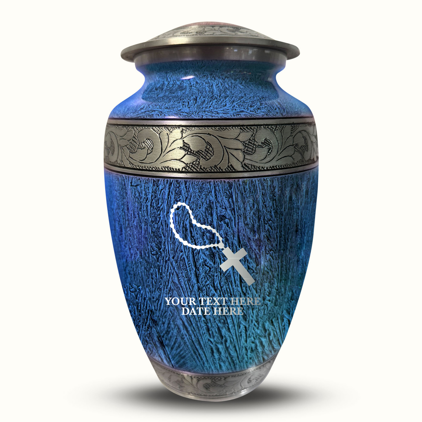 Custom Large Cremation Urn for Human Ashes - Elevate Collection - Rosary Design - Distressed Finish - 200 Cubic Inch