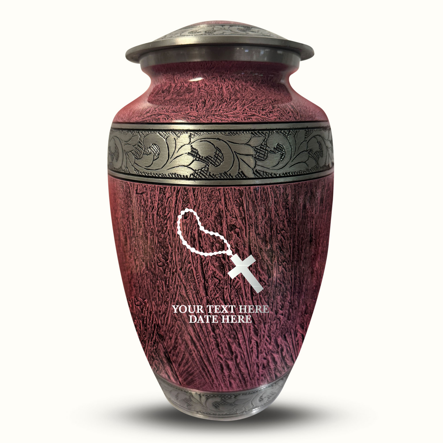 Custom Large Cremation Urn for Human Ashes - Elevate Collection - Rosary Design - Distressed Finish - 200 Cubic Inch