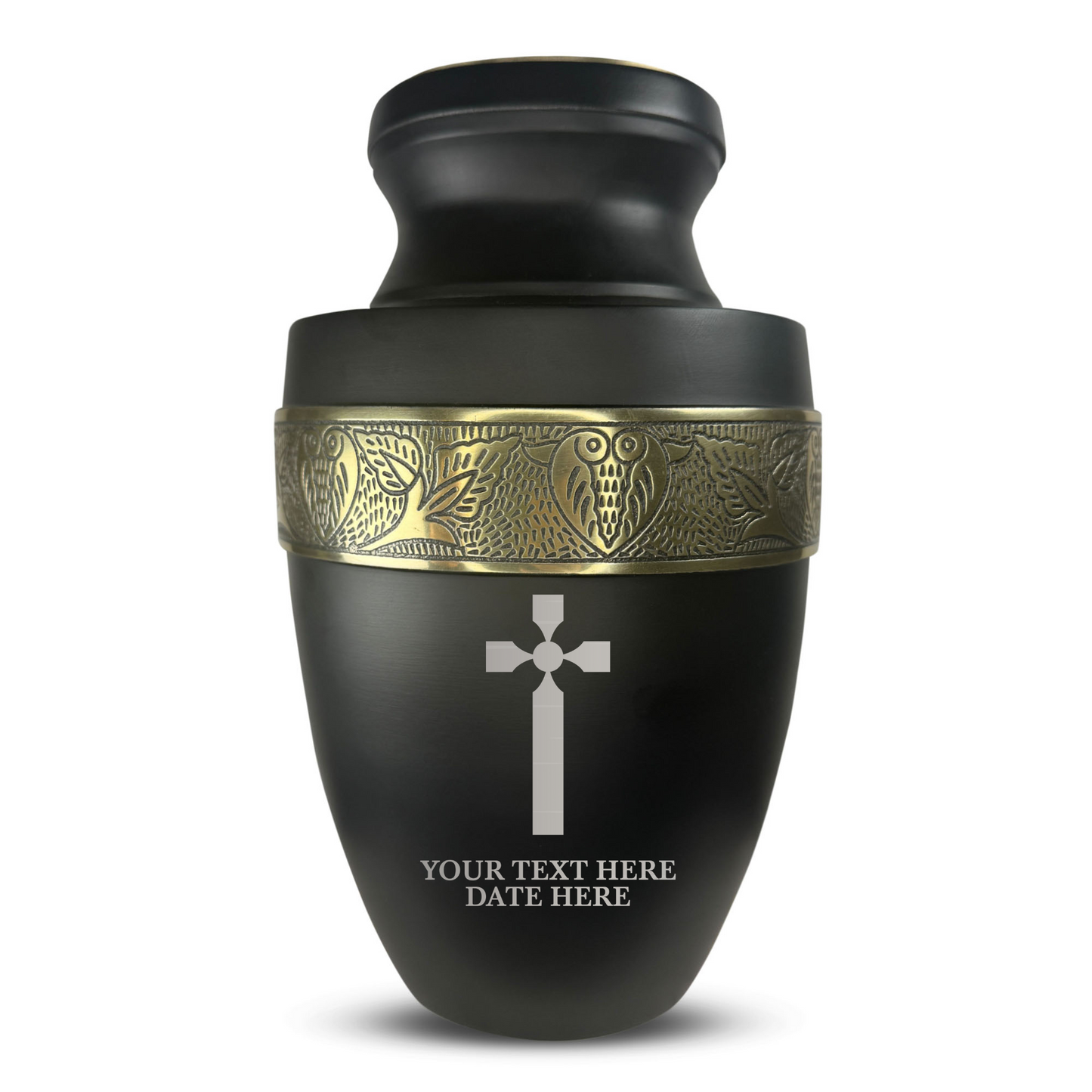 Personalized Adult Cremation Urn with Custom Engraved Name, Date and Memorial Cross Design Metal Aluminum Vessel for Ashes and Remains | Elite Collection with Gold Inlay | 200 Cubic Inch