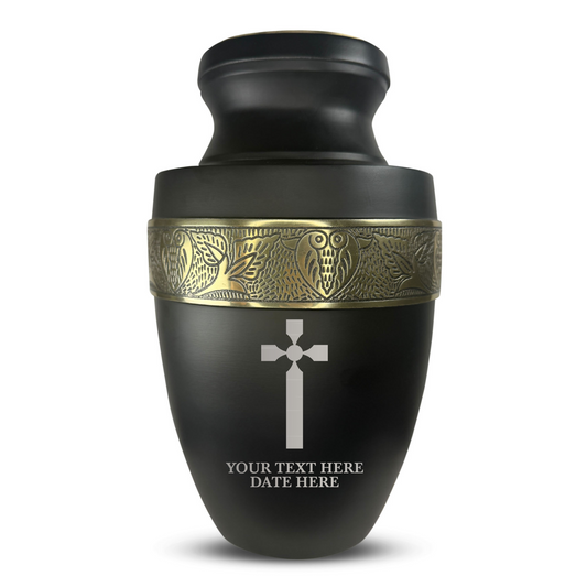 Personalized Adult Cremation Urn with Custom Engraved Name, Date and Memorial Cross Design Metal Aluminum Vessel for Ashes and Remains | Elite Collection with Gold Inlay | 200 Cubic Inch