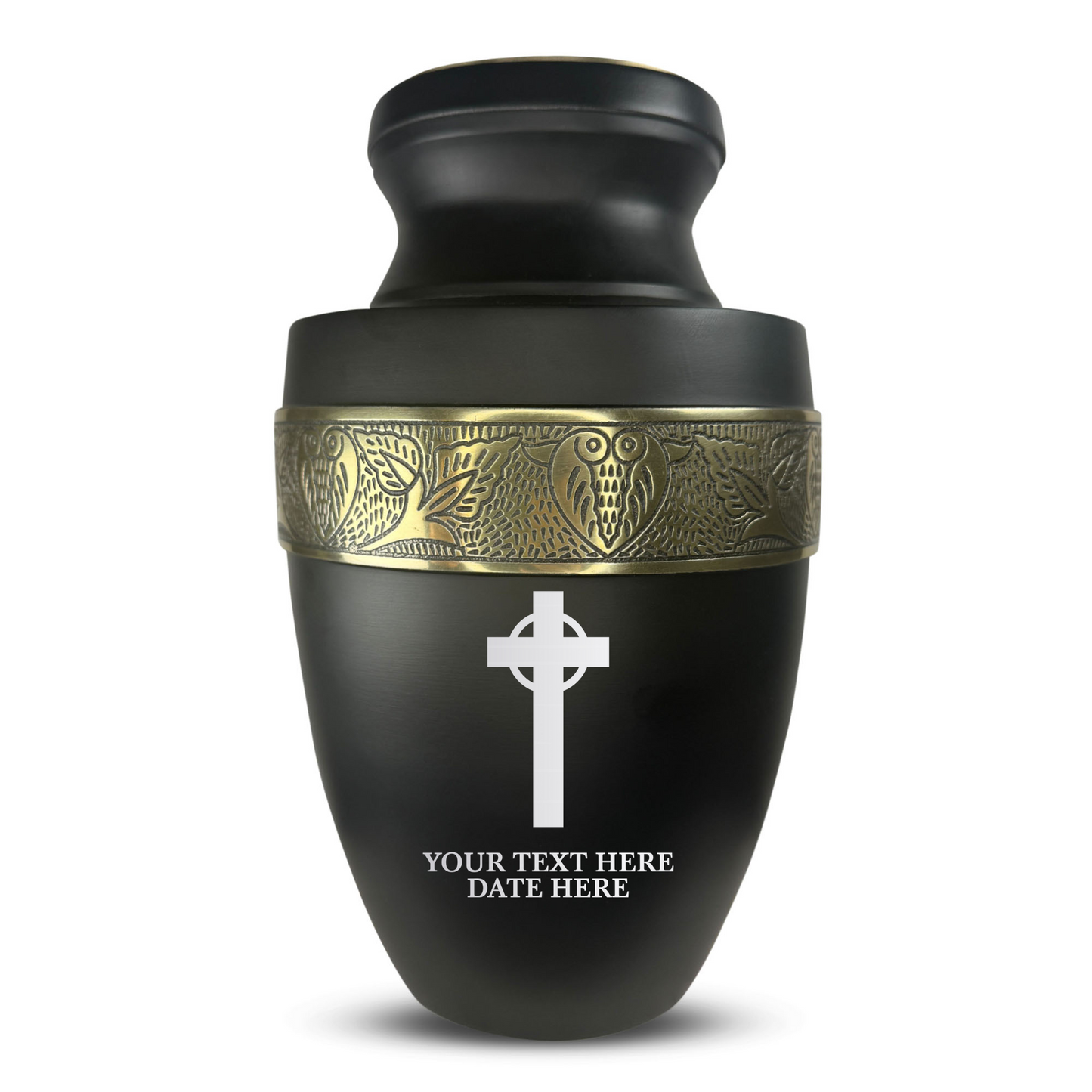 Personalized Adult Cremation Urn with Custom Engraved Name, Date and Memorial Cross Design Metal Aluminum Vessel for Ashes and Remains | Elite Collection with Gold Inlay | 200 Cubic Inch