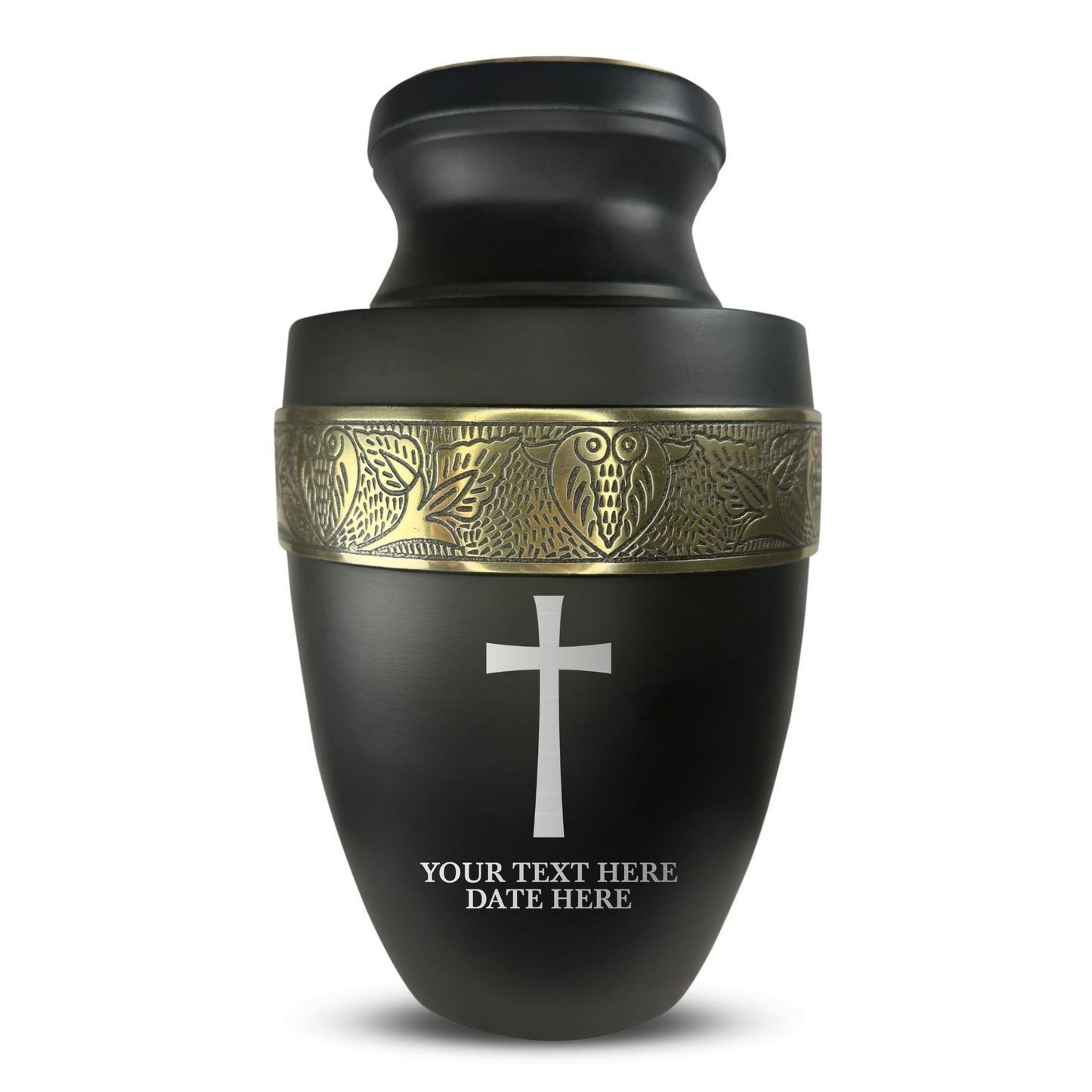 Personalized Adult Cremation Urn with Custom Engraved Name, Date and Memorial Cross Design Metal Aluminum Vessel for Ashes and Remains | Elite Collection with Gold Inlay | 200 Cubic Inch