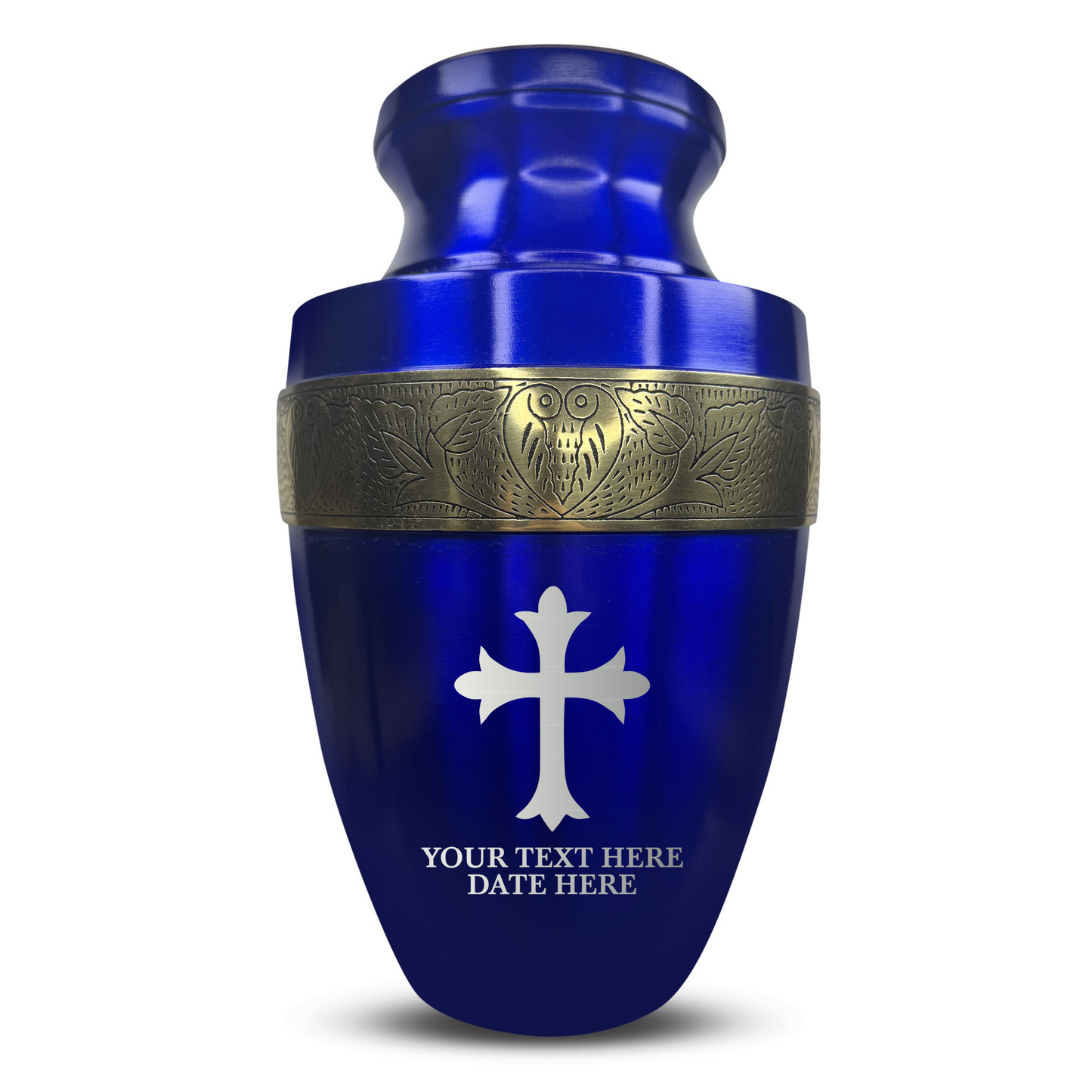 Personalized Adult Cremation Urn with Custom Engraved Name, Date and Memorial Cross Design Metal Aluminum Vessel for Ashes and Remains | Elite Collection with Gold Inlay | 200 Cubic Inch