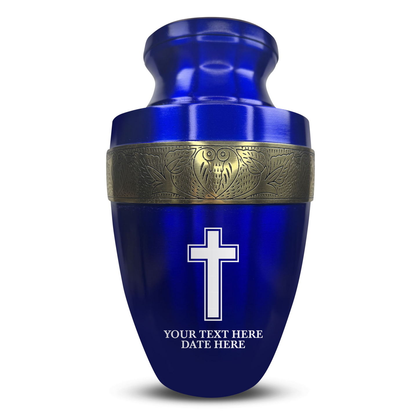 Personalized Adult Cremation Urn with Custom Engraved Name, Date and Memorial Cross Design Metal Aluminum Vessel for Ashes and Remains | Elite Collection with Gold Inlay | 200 Cubic Inch