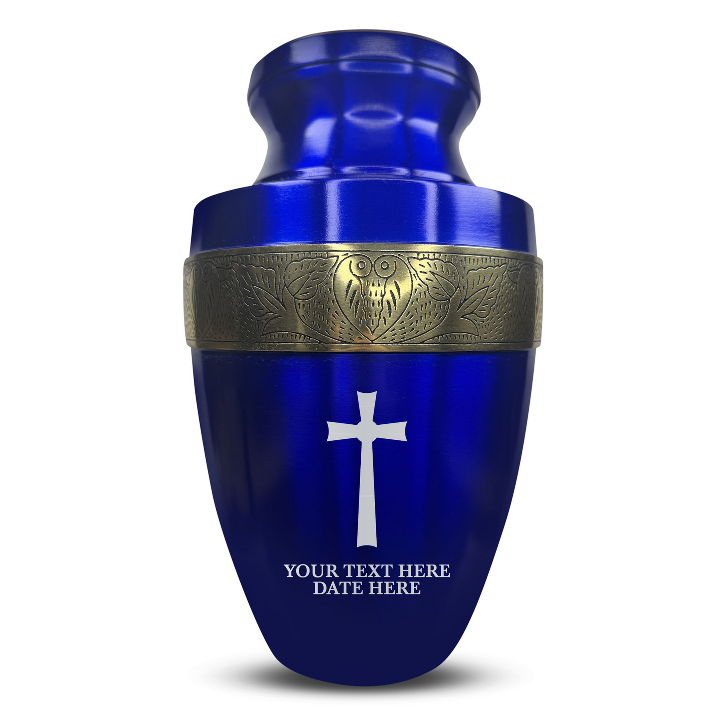 Personalized Adult Cremation Urn with Custom Engraved Name, Date and Memorial Cross Design Metal Aluminum Vessel for Ashes and Remains | Elite Collection with Gold Inlay | 200 Cubic Inch