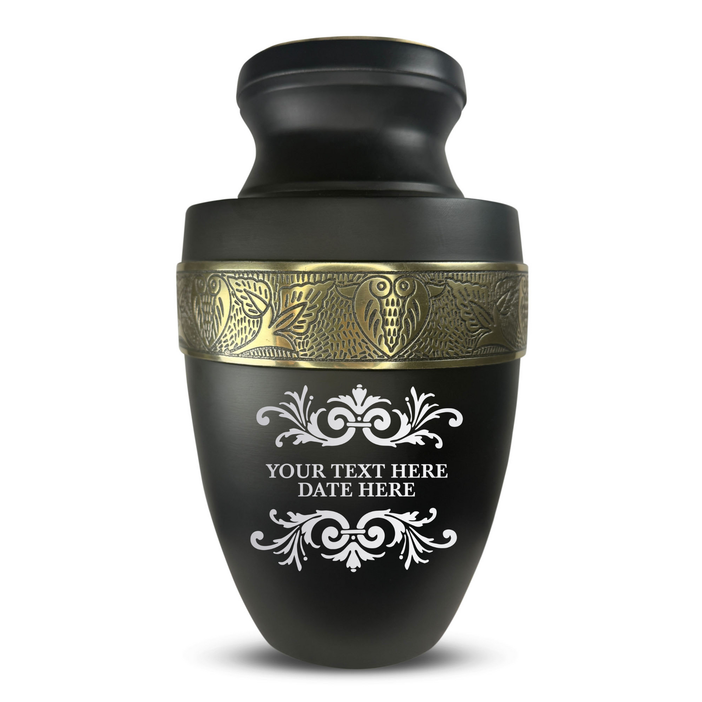 Personalized Adult Cremation Urn with Custom Engraved Name, Date and Memorial Decorative Swirl Design Metal Aluminum Vessel for Ashes and Remains | Elite Collection with Gold Inlay | 200 Cubic Inch